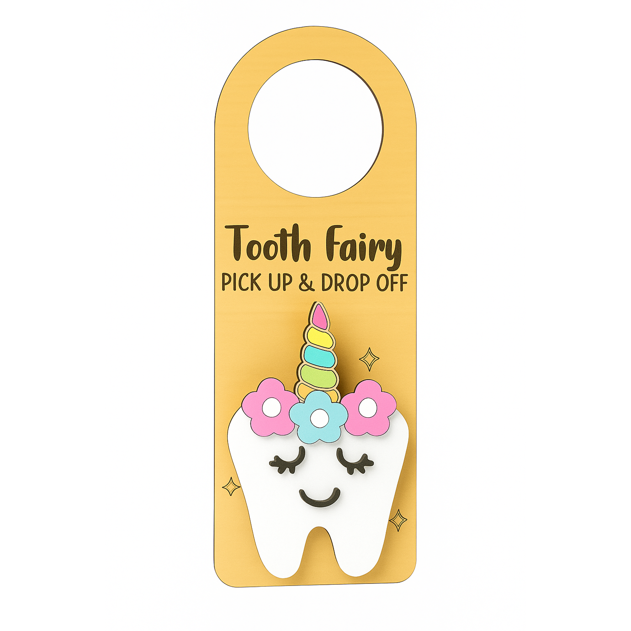 Tooth Fairy pick-up and drop-off holder with a unicorn-themed tooth design on a yellow background.